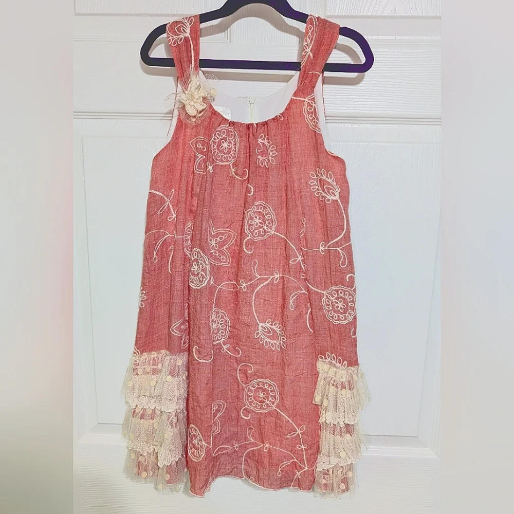 Isobella & Chloe Coral Girls Dress W/Lace Ruffles -Sz 8 - Picture 2 of 5